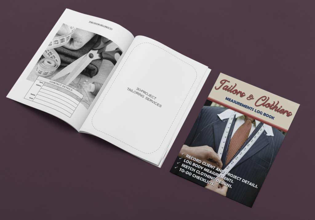 an open tailors book with a mannequin in suit and tapemeasure