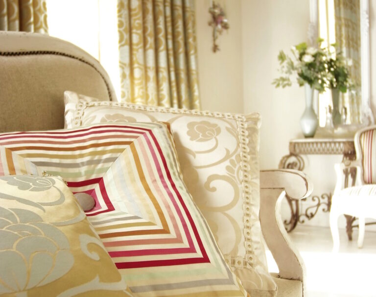 pillows, curtains, and upholstery in luxury fabrics